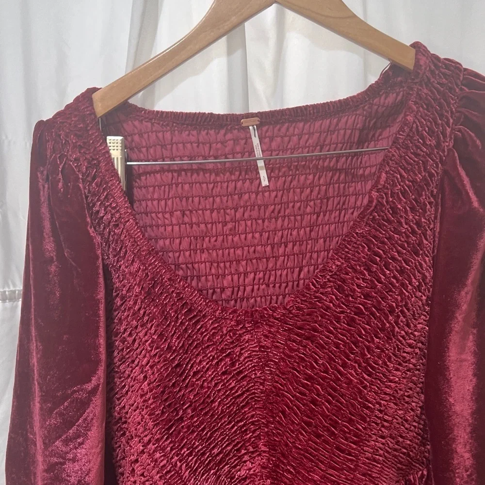Free People Feel The Love Velvet Mini Dress S Red Smocked Boho Festival hoilday